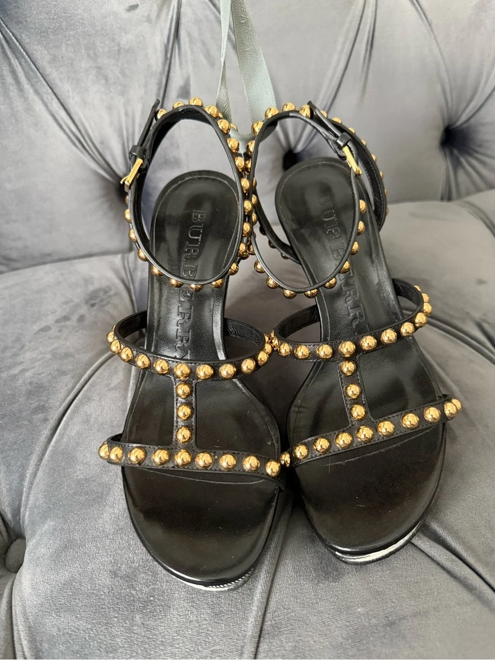 Worn Once! Burberry Black Strappy Studded Check Wedge Sandals